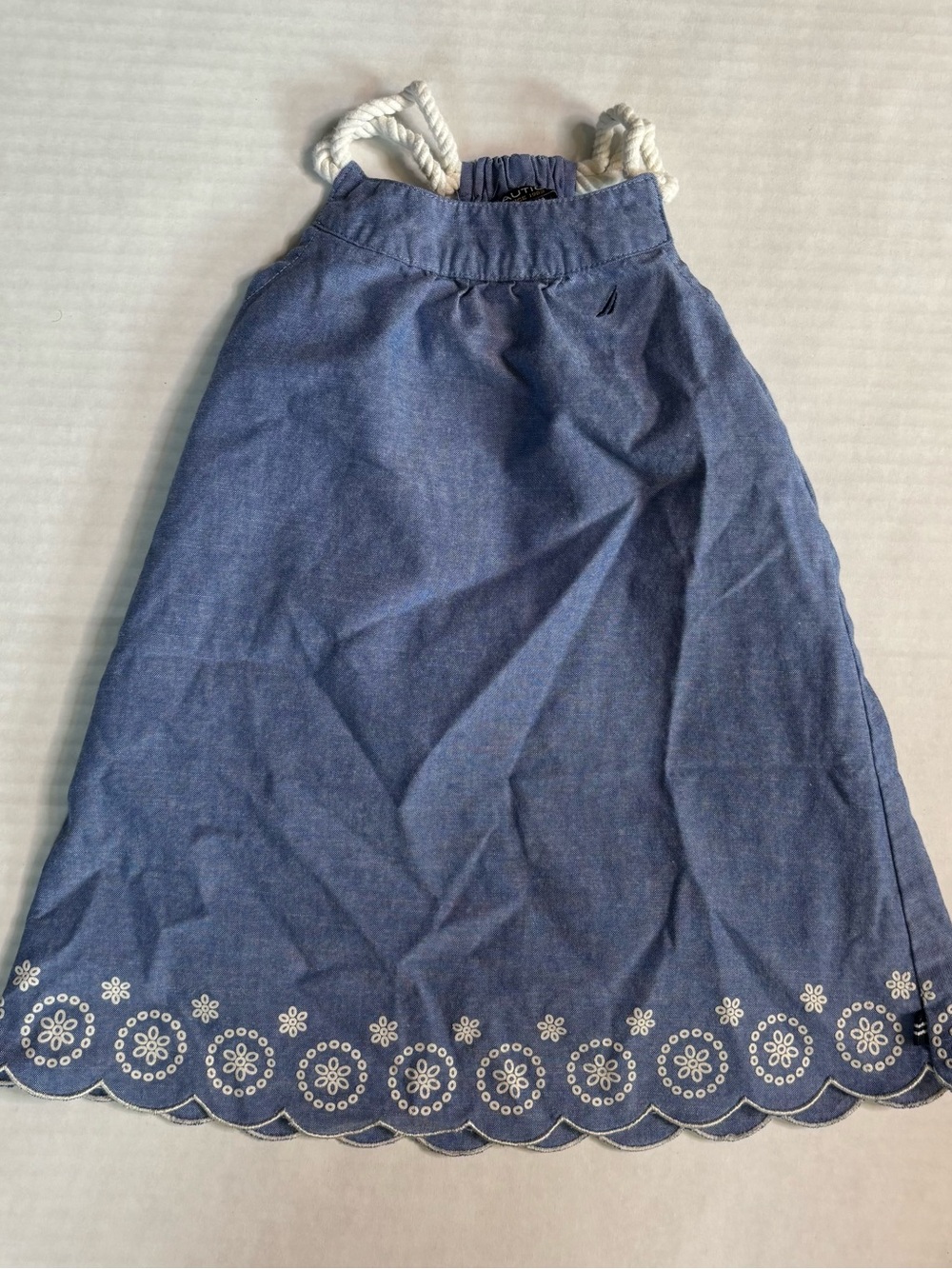 Nautica Blue A-Line Dress with White Rope Straps and Embroidered Hem 18 months